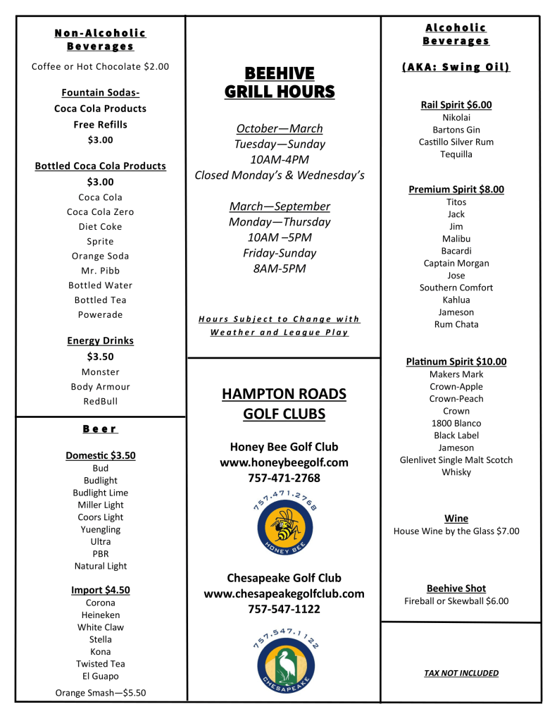 Honey Bee Grill 2025 MENU